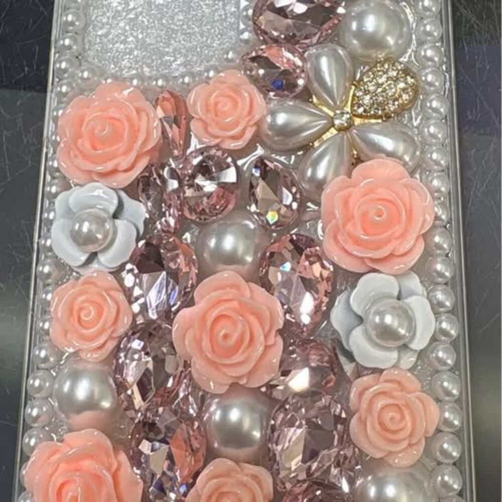 Pink and Rhinestone Bling Phone Case with Matching Wrist Strap galaxy S25 Ultra